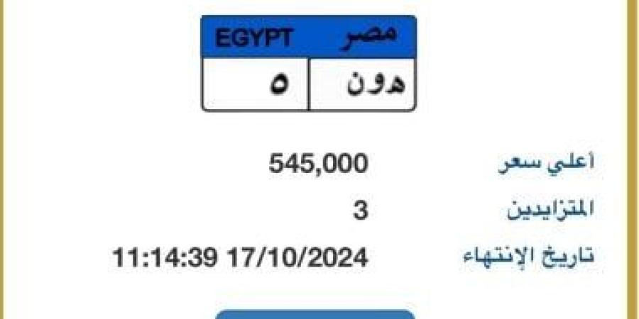 "هـ و ن- 5" لوحة مميزة جديدة يزايد عليها 3 أشخاص بسعر يتخطى نصف مليون جنيه